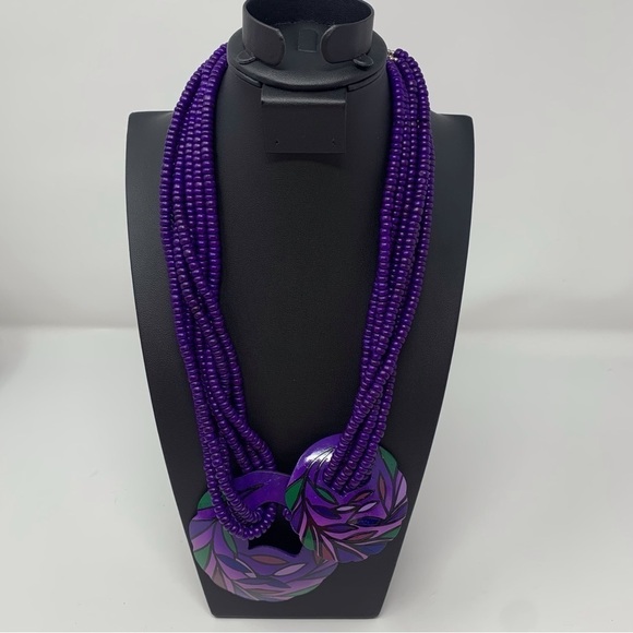 Beautiful Purple Beaded Necklace with Nature Leaf Designed Discs - Picture 1 of 6